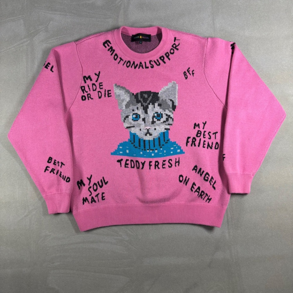 Teddy Fresh Pink Emotional Support Cat Knit Sweater Womens Medium